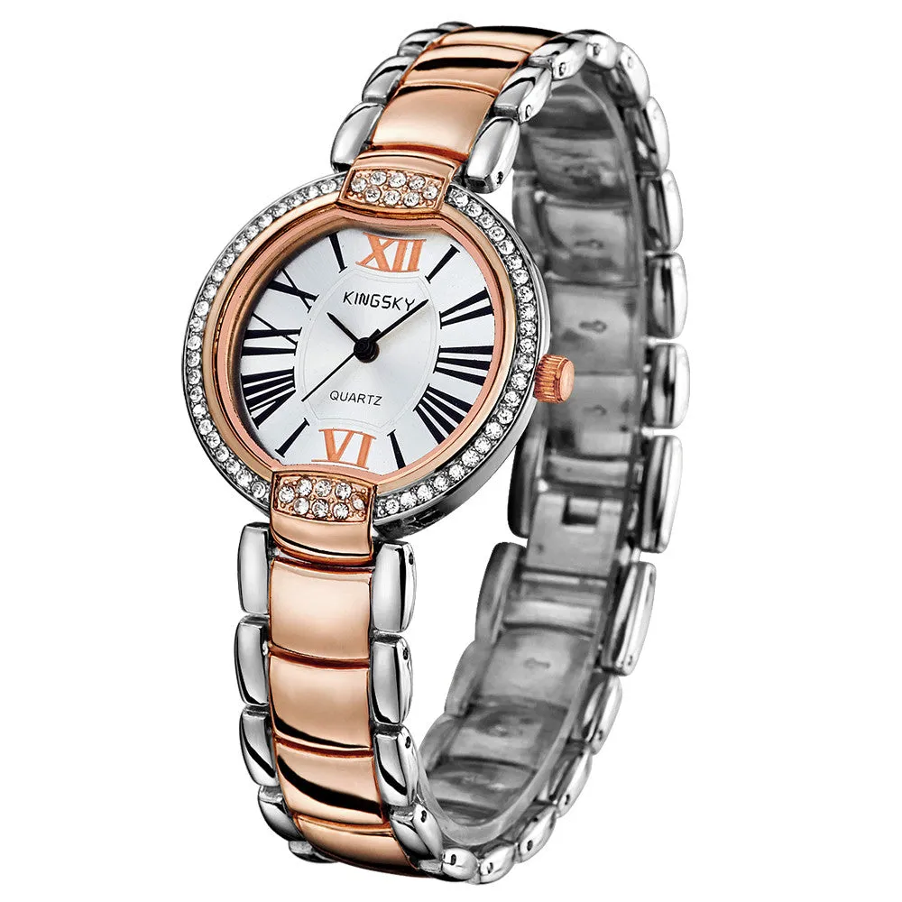 Fashion Style Women Dress Watches Luxury Brand Roman Number Rose Gold Stainless Steel Band Women Rhinestone Wristwatches Relogio