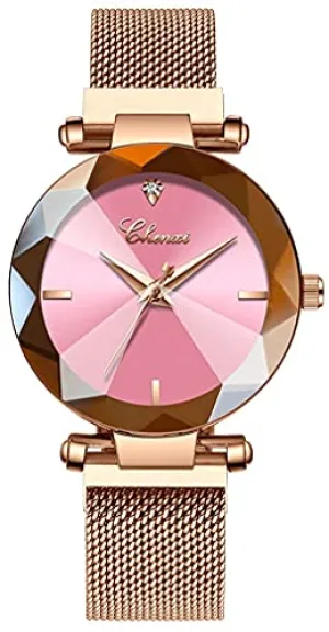 Fashion Women's Analog Quartz Watches Luxury Diamond Stainless Steel Mesh Band Wrist Watches for Women (A Pink)