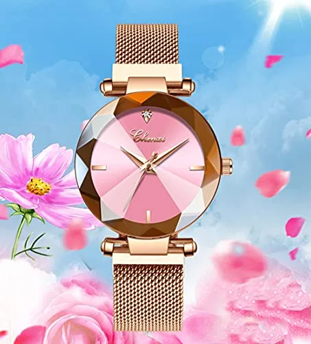 Fashion Women's Analog Quartz Watches Luxury Diamond Stainless Steel Mesh Band Wrist Watches for Women (A Pink)