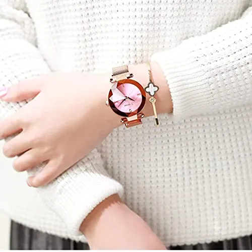 Fashion Women's Analog Quartz Watches Luxury Diamond Stainless Steel Mesh Band Wrist Watches for Women (A Pink)