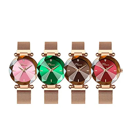 Fashion Women's Analog Quartz Watches Luxury Diamond Stainless Steel Mesh Band Wrist Watches for Women (A Pink)