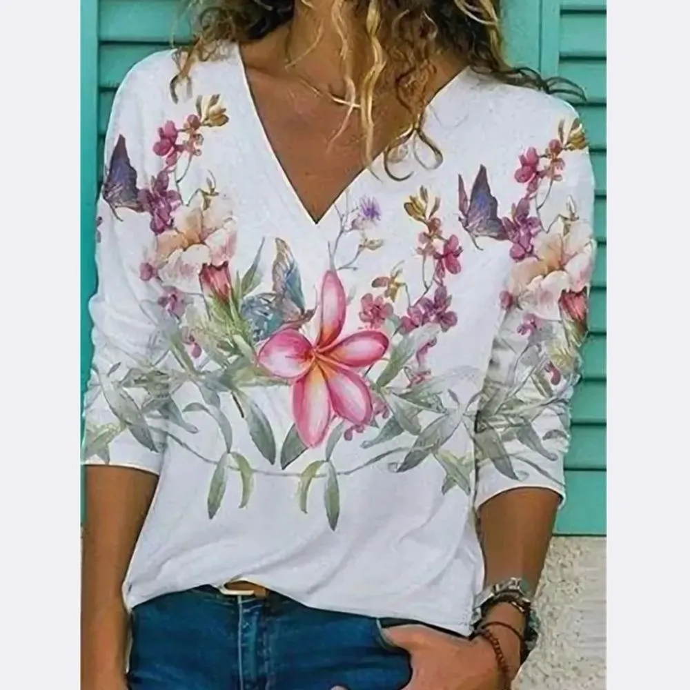 Floral Print V Neck Long Sleeve Loose Fit Blouse