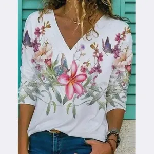 Floral Print V Neck Long Sleeve Loose Fit Blouse