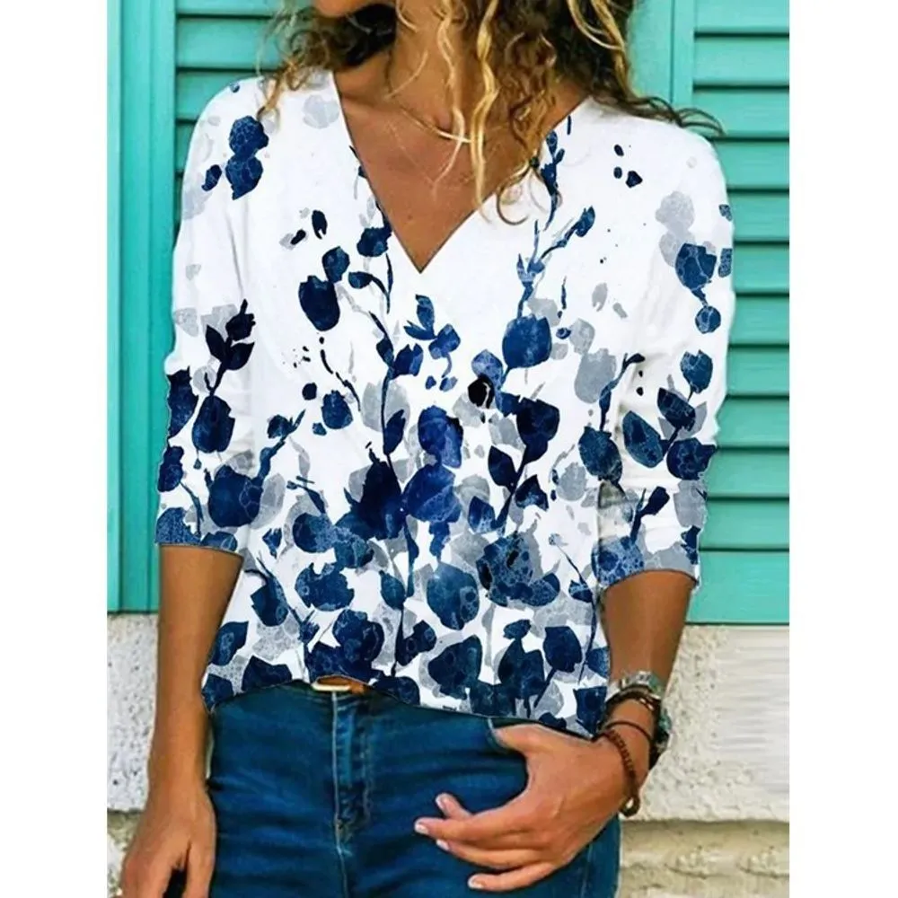 Floral Print V Neck Long Sleeve Loose Fit Blouse