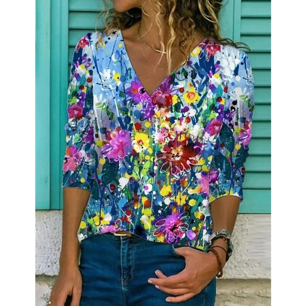 Floral Print V Neck Long Sleeve Loose Fit Blouse