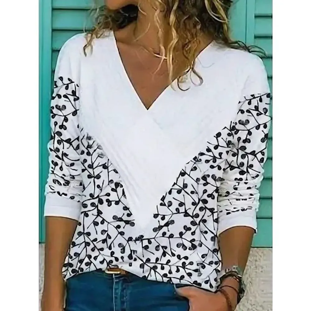 Floral Print V Neck Long Sleeve Loose Fit Blouse