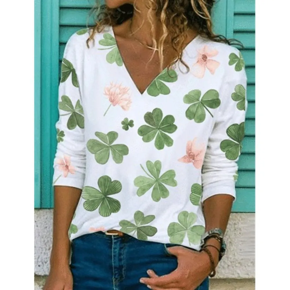 Floral Print V Neck Long Sleeve Loose Fit Blouse