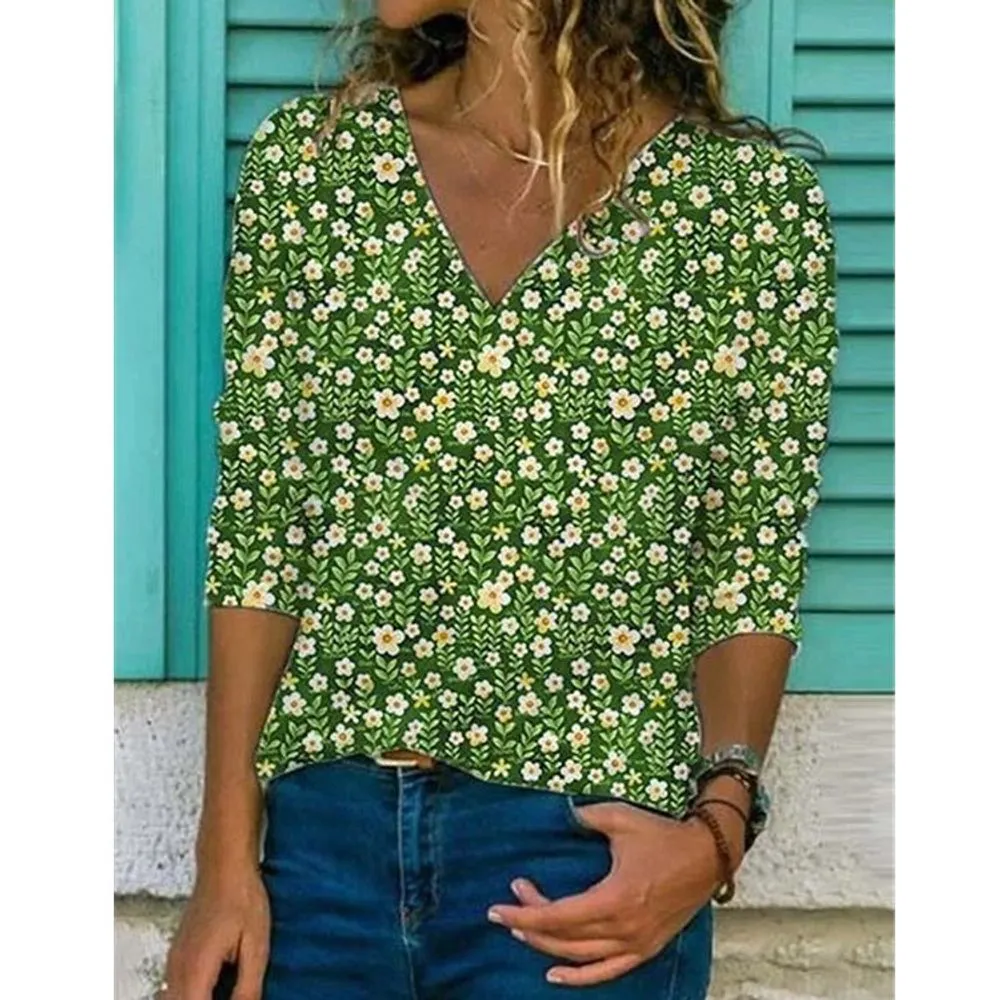 Floral Print V Neck Long Sleeve Loose Fit Blouse