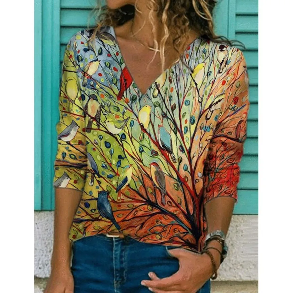 Floral Print V Neck Long Sleeve Loose Fit Blouse