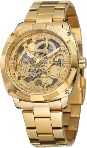 FORSINING Men's Trendy Steampunk Automatic Stainless Steel Gold Bracelet Watches for Various Occasions