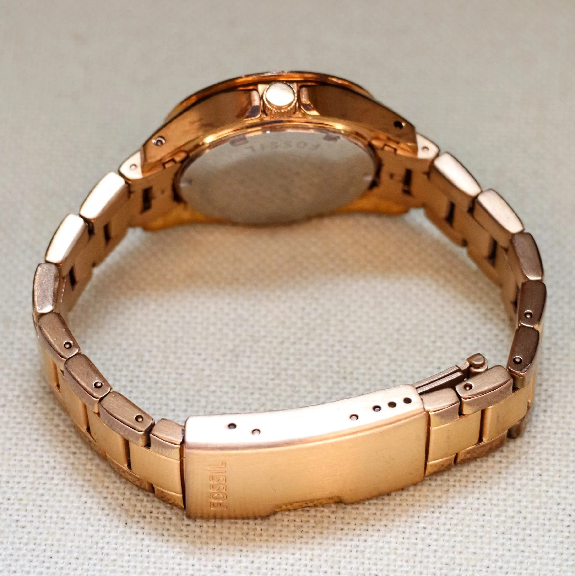 FOSSIL Ladies Mini Glitz Watch Date Indicator Diamond Bezel All Rose Gold S.S. - ES-2889 Box & Papers!