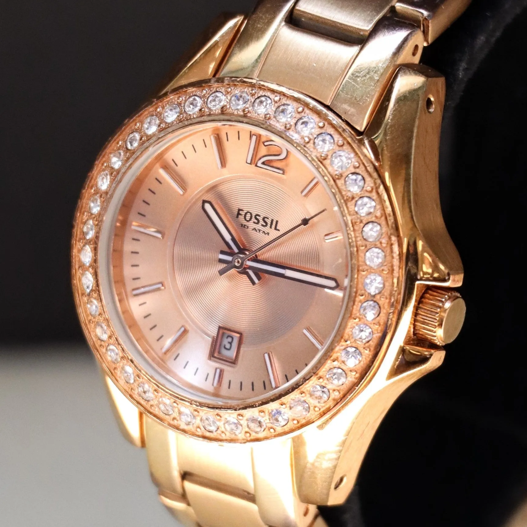 FOSSIL Ladies Mini Glitz Watch Date Indicator Diamond Bezel All Rose Gold S.S. - ES-2889 Box & Papers!