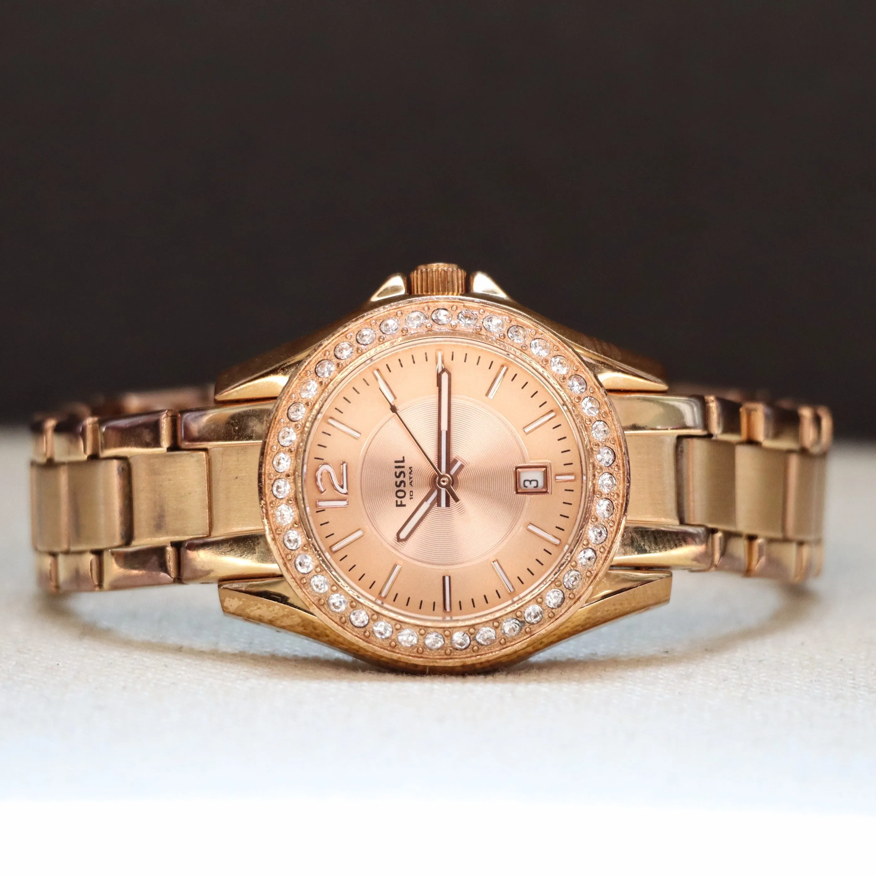 FOSSIL Ladies Mini Glitz Watch Date Indicator Diamond Bezel All Rose Gold S.S. - ES-2889 Box & Papers!