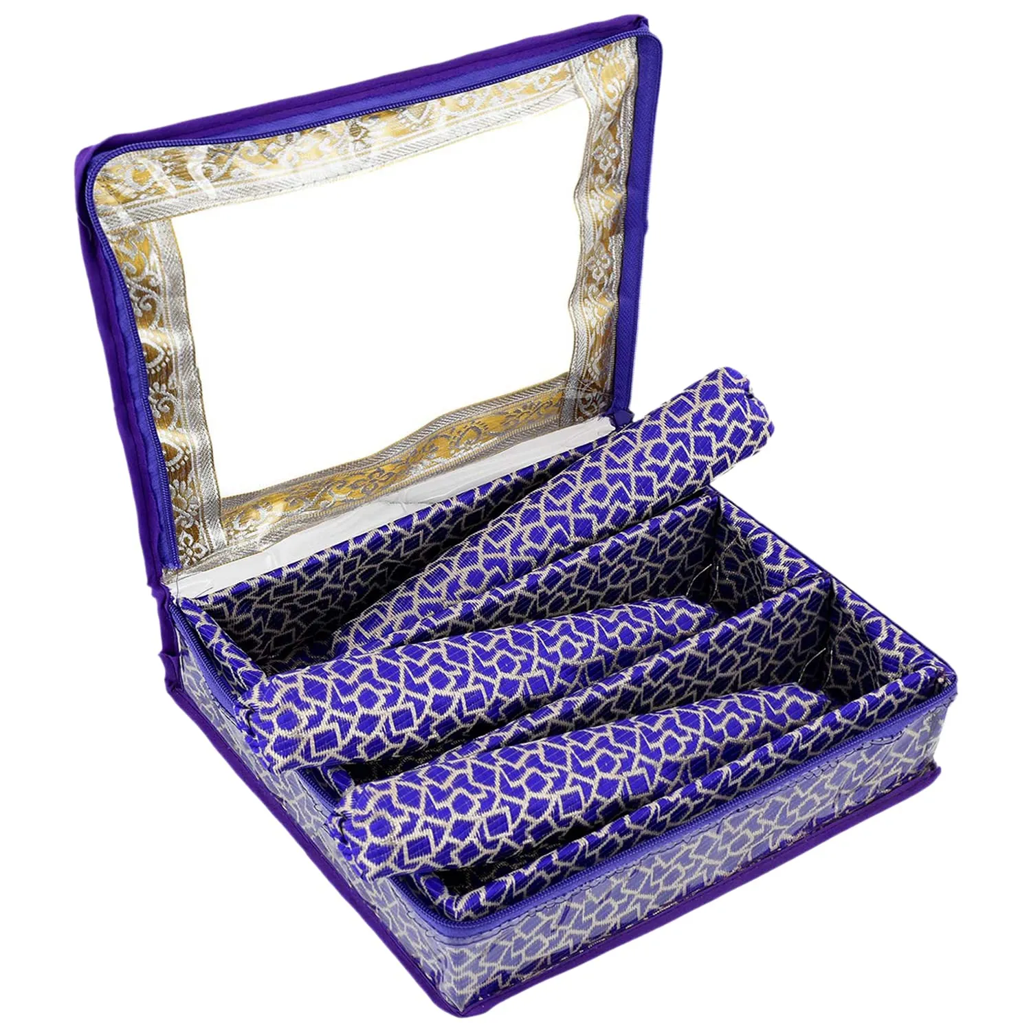 Heart Home Multipurpose Multi Saqare Design Laminated 3 Rod Bangle Box/Organizer/Case With Tranasparent Top (Purple)-47HH0345
