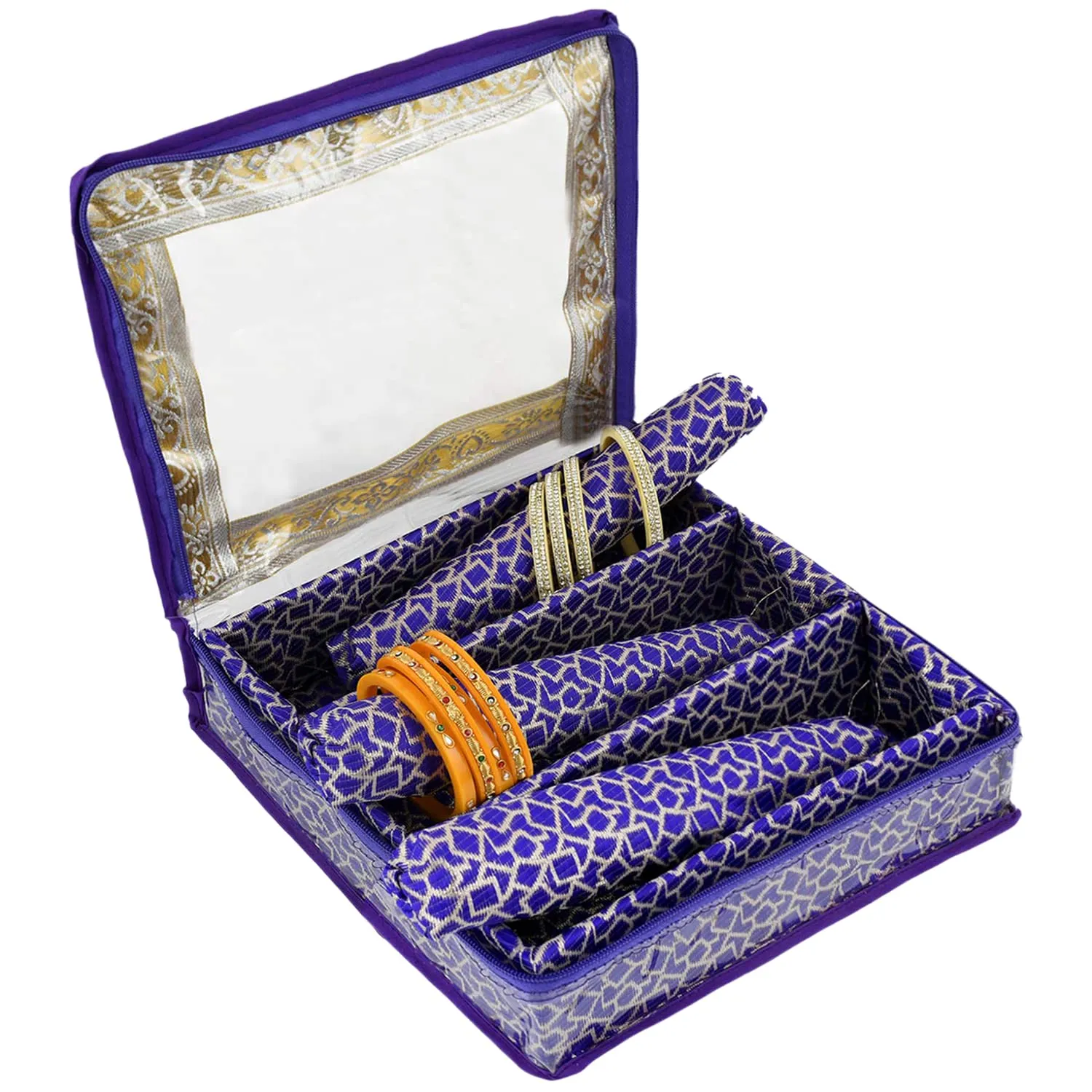 Heart Home Multipurpose Multi Saqare Design Laminated 3 Rod Bangle Box/Organizer/Case With Tranasparent Top (Purple)-47HH0345