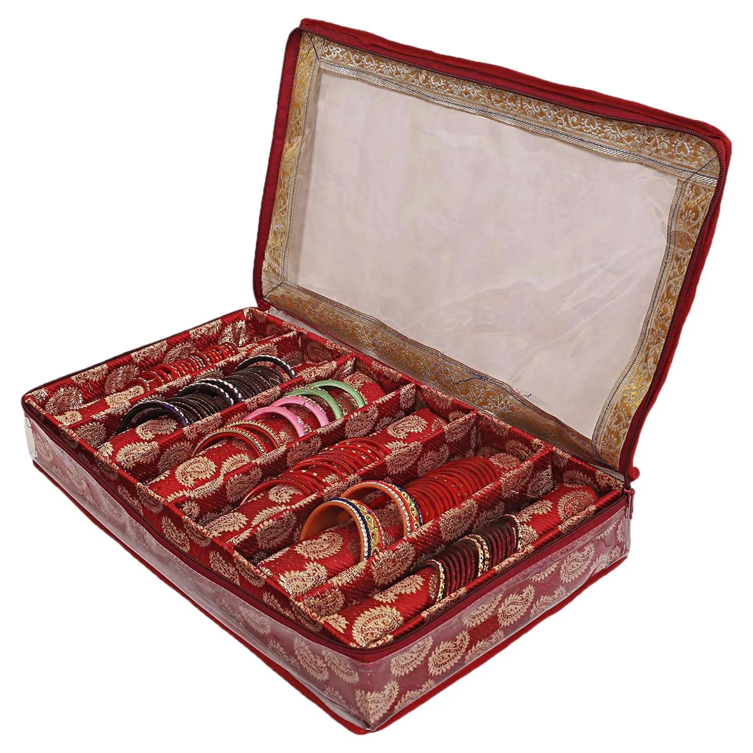 Heart Home Teardrop Pattern Laminated 6 Rod Box, Organizer For Bangle, Watches, Bracelets, Jewellery With Tranasparent Top - Pack of 2 (Red)-47HH0504