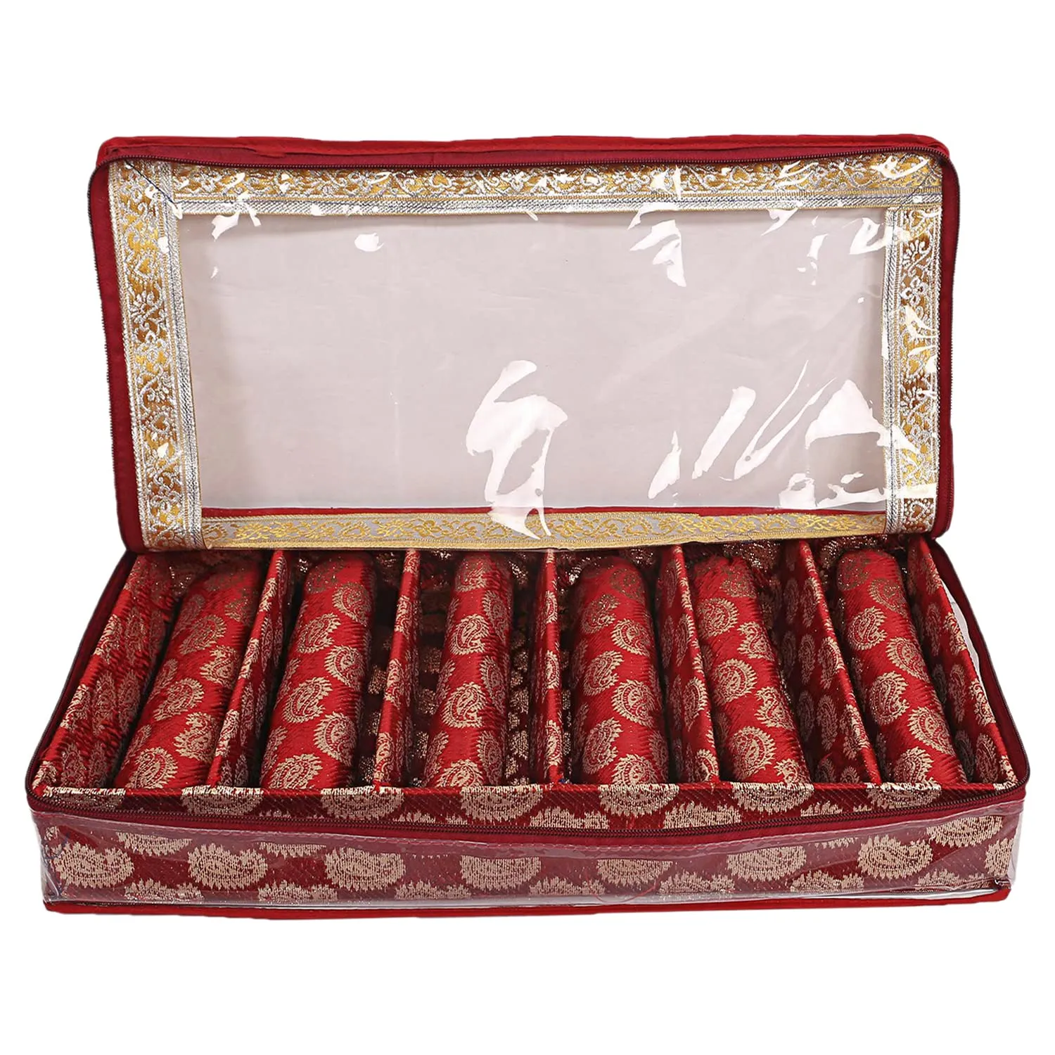 Heart Home Teardrop Pattern Laminated 6 Rod Box, Organizer For Bangle, Watches, Bracelets, Jewellery With Tranasparent Top - Pack of 2 (Red)-47HH0504
