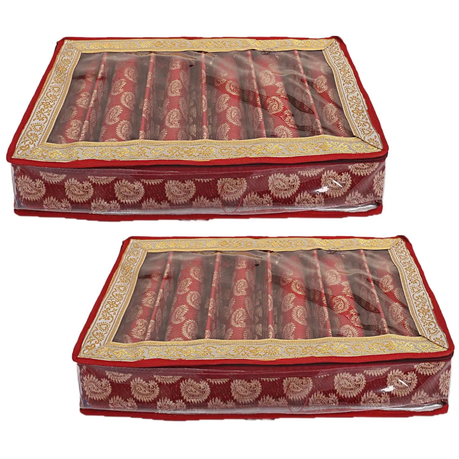 Heart Home Teardrop Pattern Laminated 6 Rod Box, Organizer For Bangle, Watches, Bracelets, Jewellery With Tranasparent Top - Pack of 2 (Red)-47HH0504