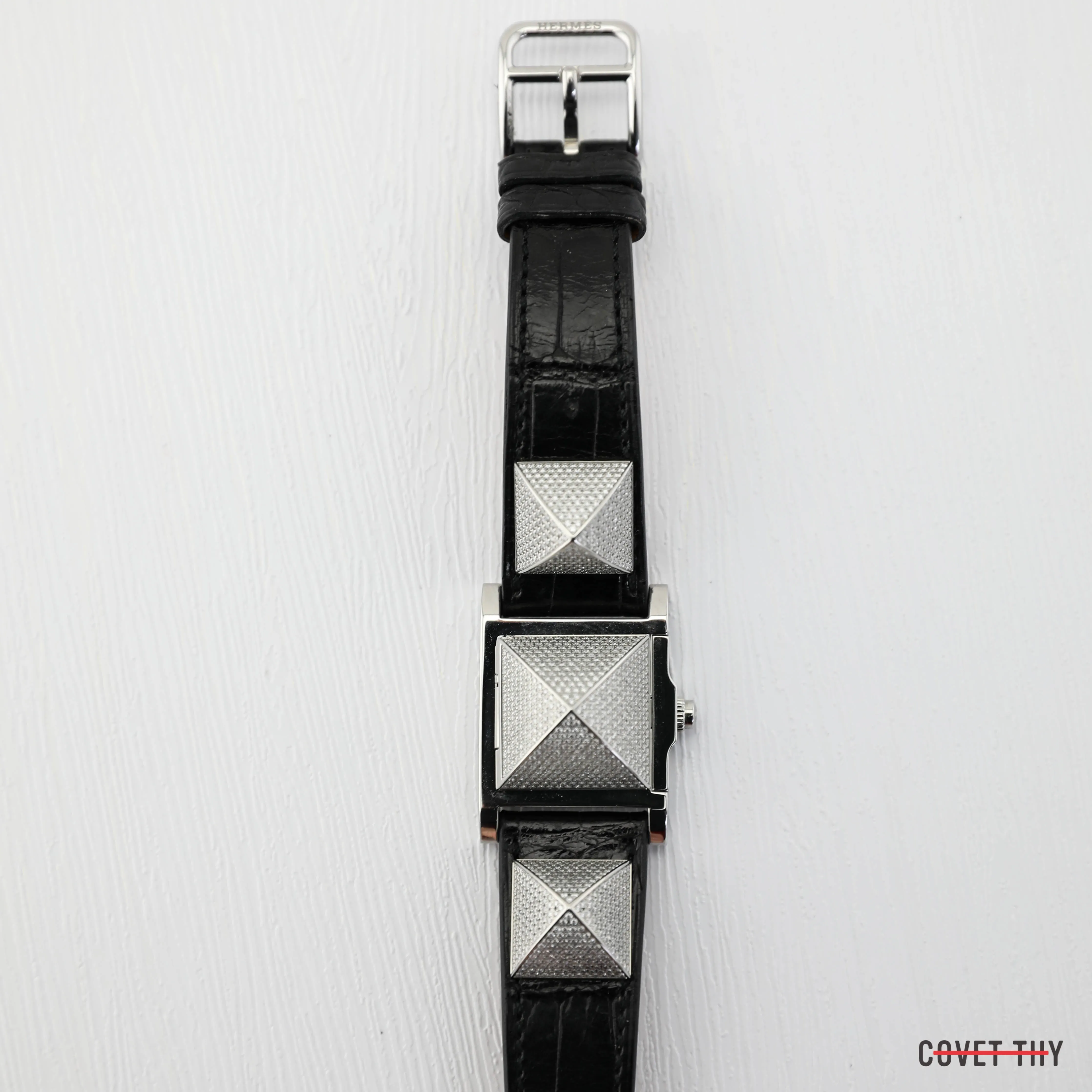 Hermes Diamond Medor Diamond Quartz Watch with Black Alligator Strap, Stainless Steel, Box
