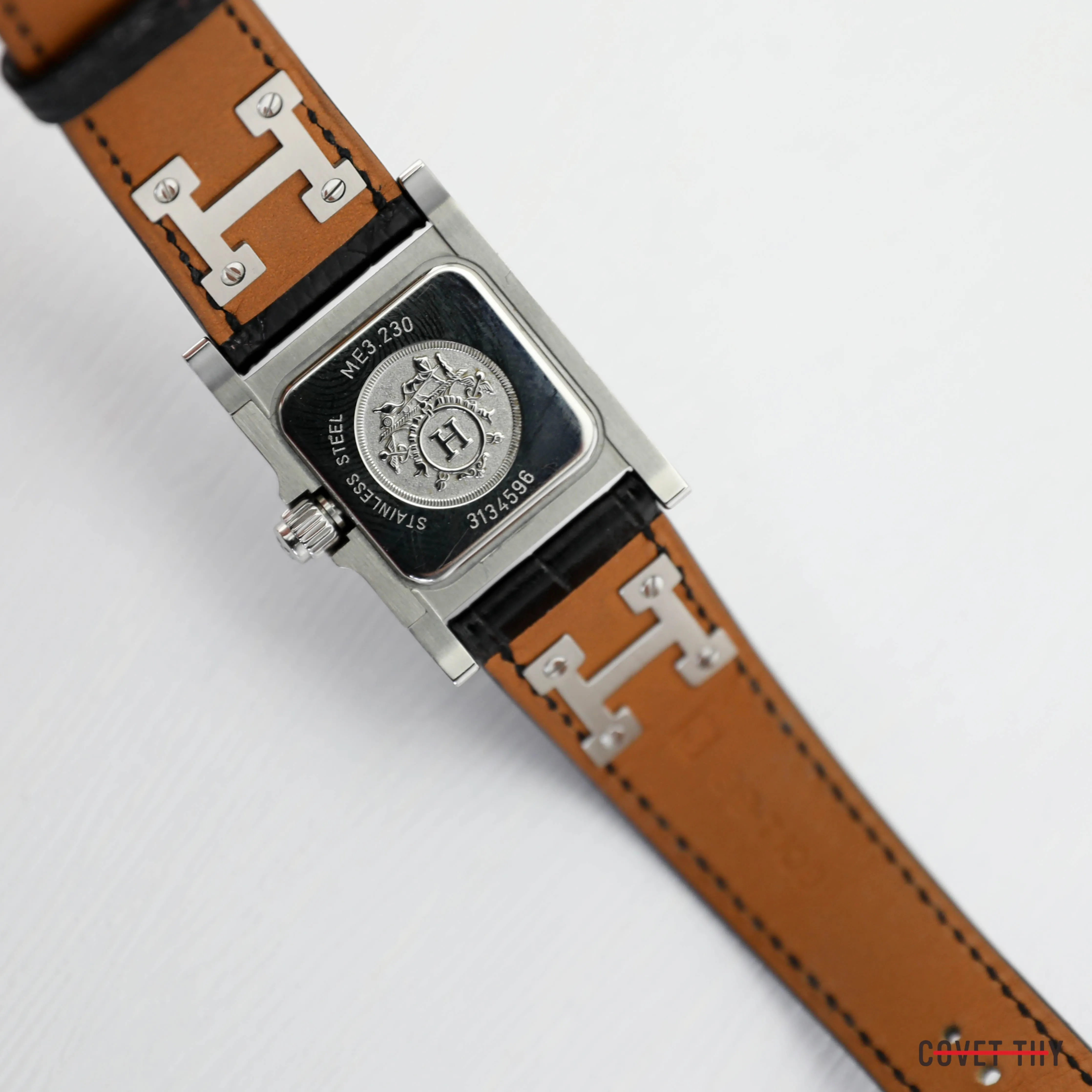 Hermes Diamond Medor Diamond Quartz Watch with Black Alligator Strap, Stainless Steel, Box