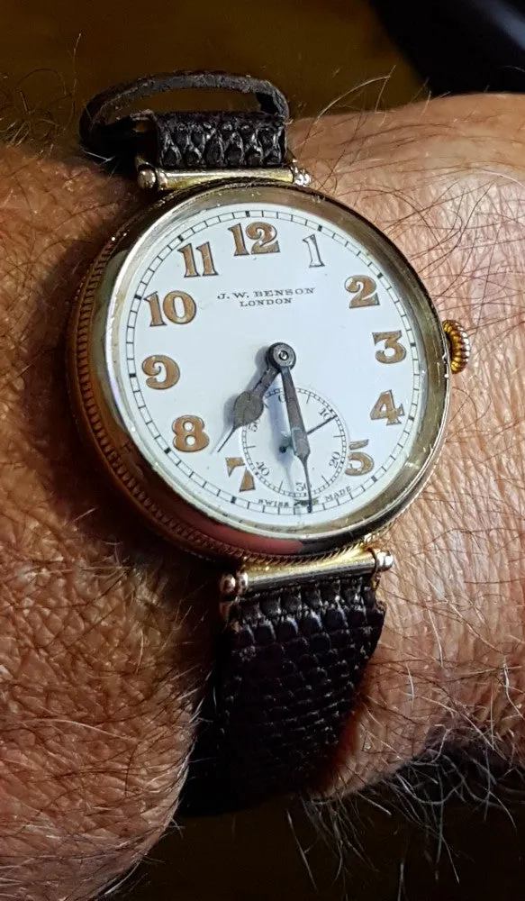 JW Benson Trench with Flexible Lugs in 9ct Gold Hermetic Case 1927