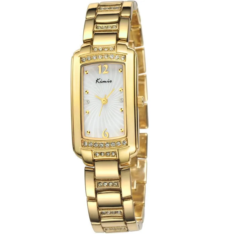 KIMIO New Women Quartz Watch IP Plating Gold Stainless & Rhinestone Band Casual Watch Women Wristwatch