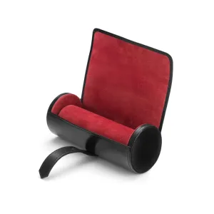 Large Leather Watch Roll - Black With Red