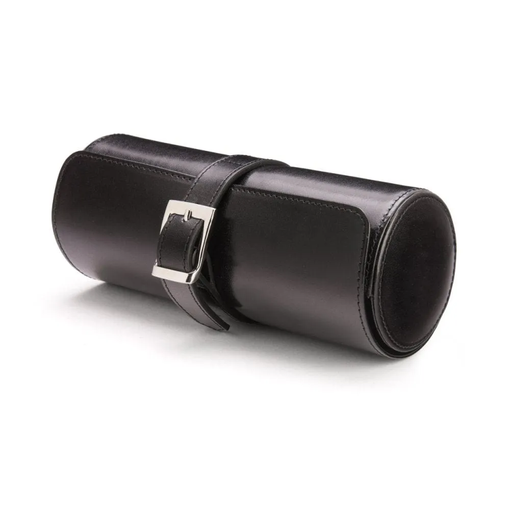 Large Leather Watch Roll - Black With Red