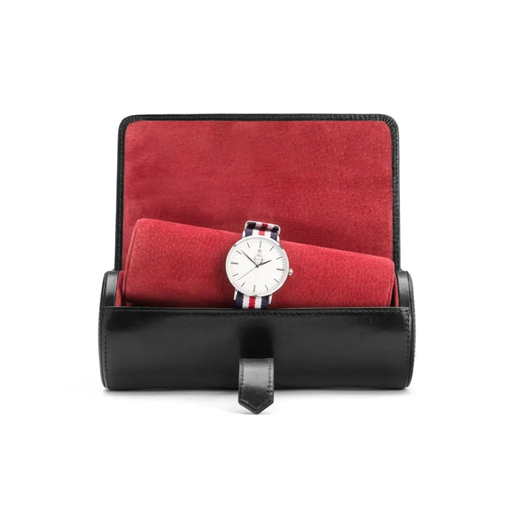 Large Leather Watch Roll - Black With Red