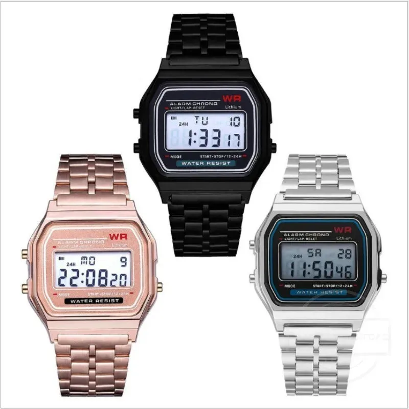 LED Digital Watches for Men Stainless Steel Gold Sliver Electronic Watch