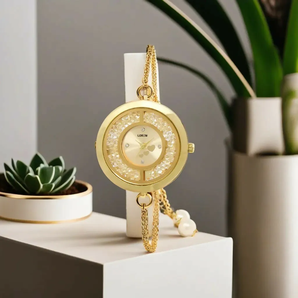 LOREM Gold Round Braclet Analog Watch For Women LR254