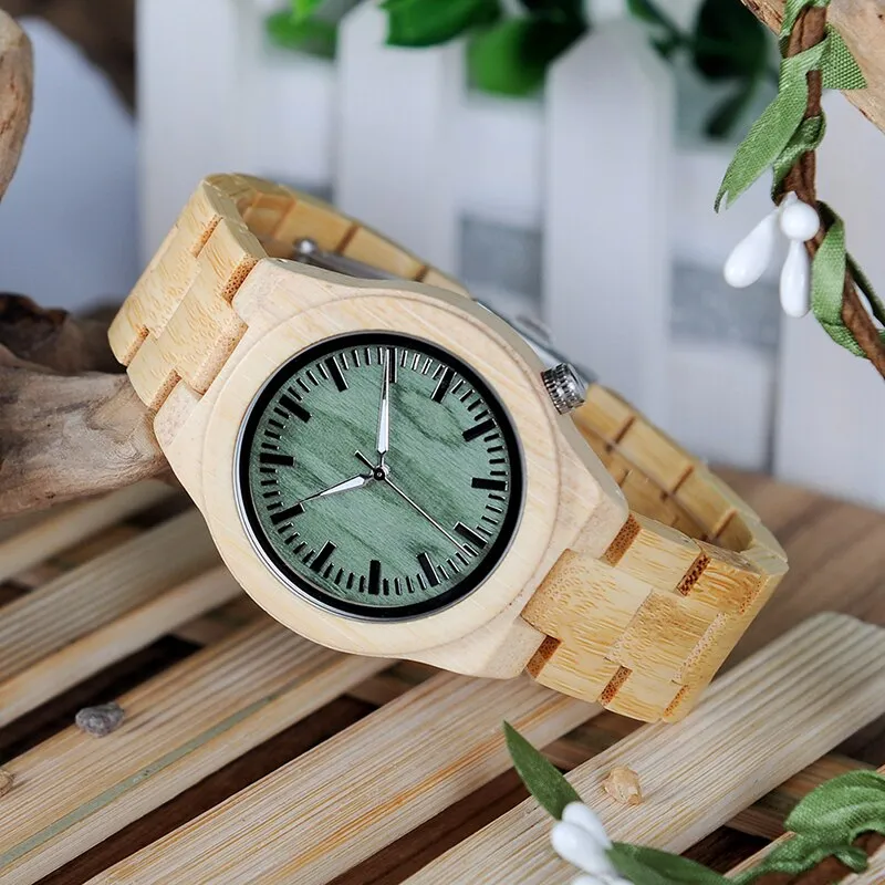 lovers' Wooden Watch Full Bamboo Green Dial Quartz Watches