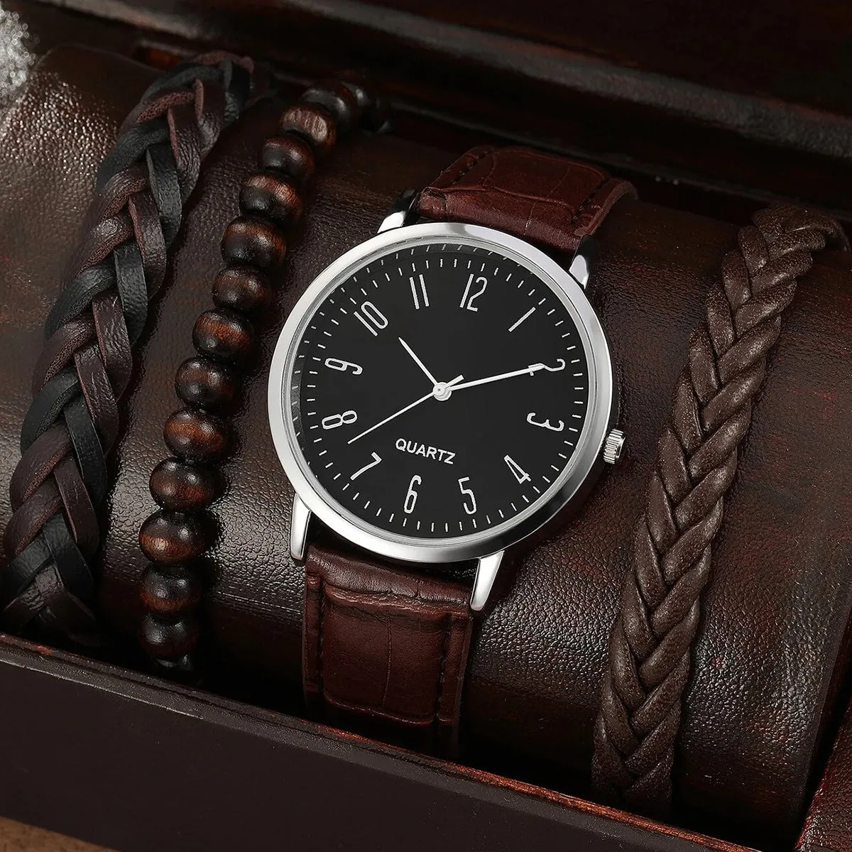 Luxury Design Men's Quartz Watch and 3pcs Bracelet Set