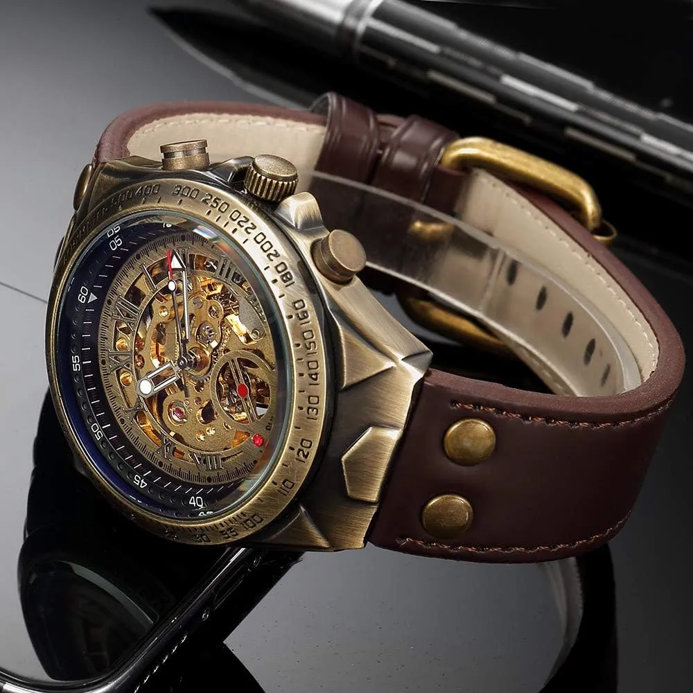 MASTOP Luxury Automatic Mechanical Men's Leather Belt Fashion Business Bronze Steel Waterproof Skeleton Watches