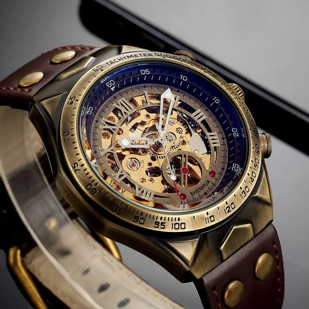 MASTOP Luxury Automatic Mechanical Men's Leather Belt Fashion Business Bronze Steel Waterproof Skeleton Watches