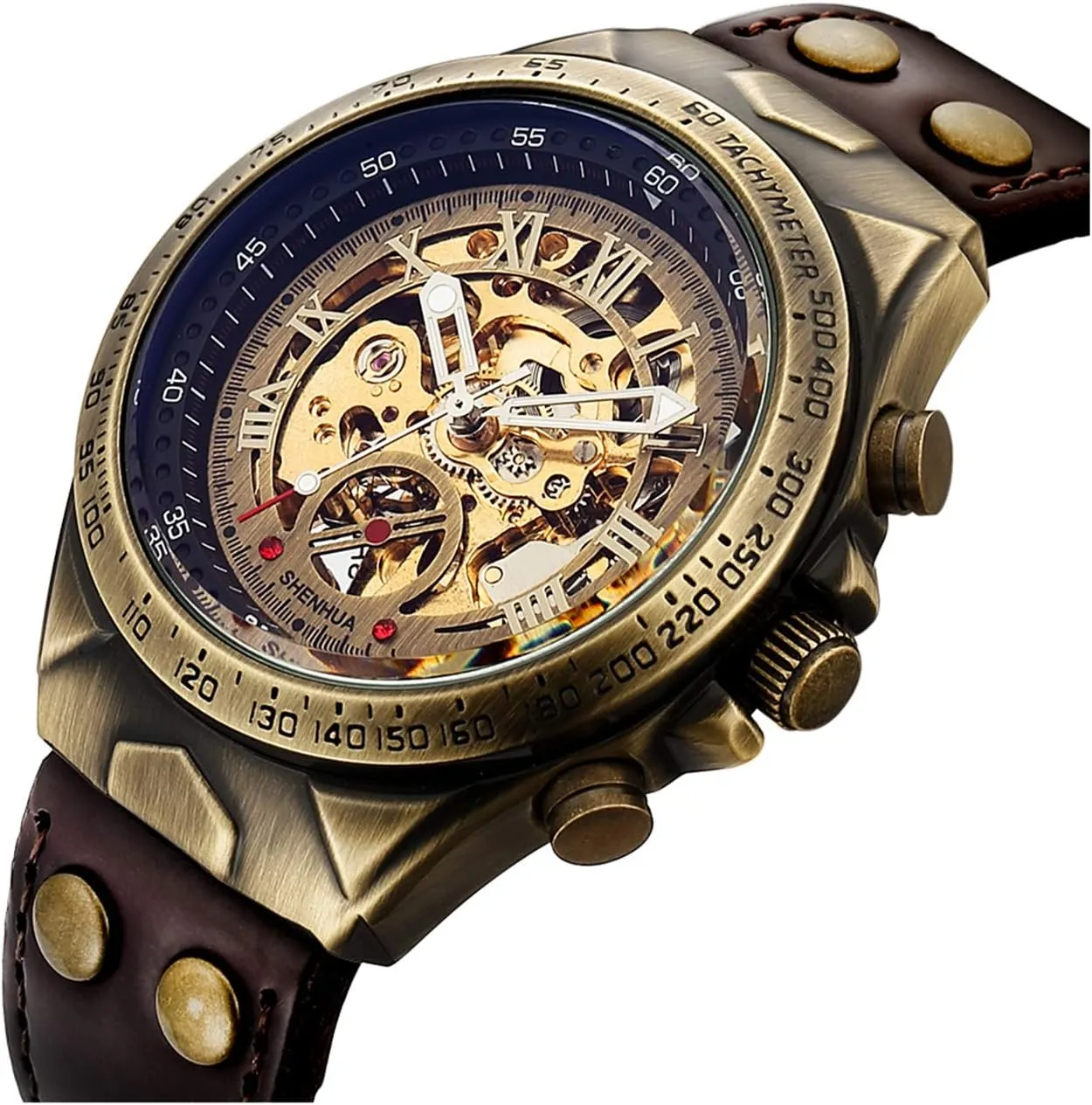 MASTOP Luxury Automatic Mechanical Men's Leather Belt Fashion Business Bronze Steel Waterproof Skeleton Watches