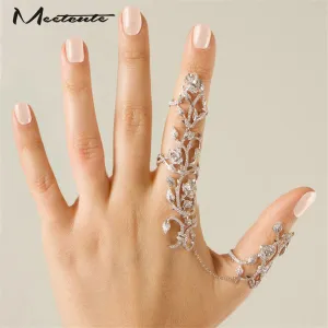 Meetcute Hot-Selling Occident  Women Chic Alloy Rhinestone Shiny Crystal Floral Ring Celebrity Party Connect Full 2 Finger Rings