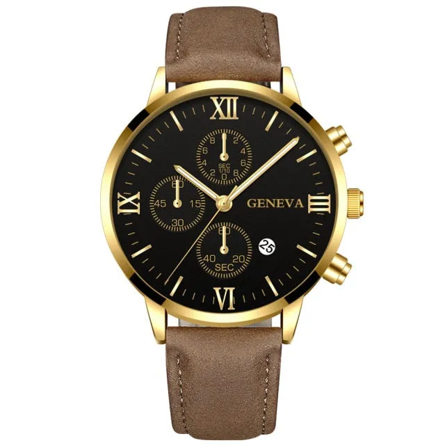 Men Date Alloy Case Synthetic Leather Analog Quartz Sport Watch