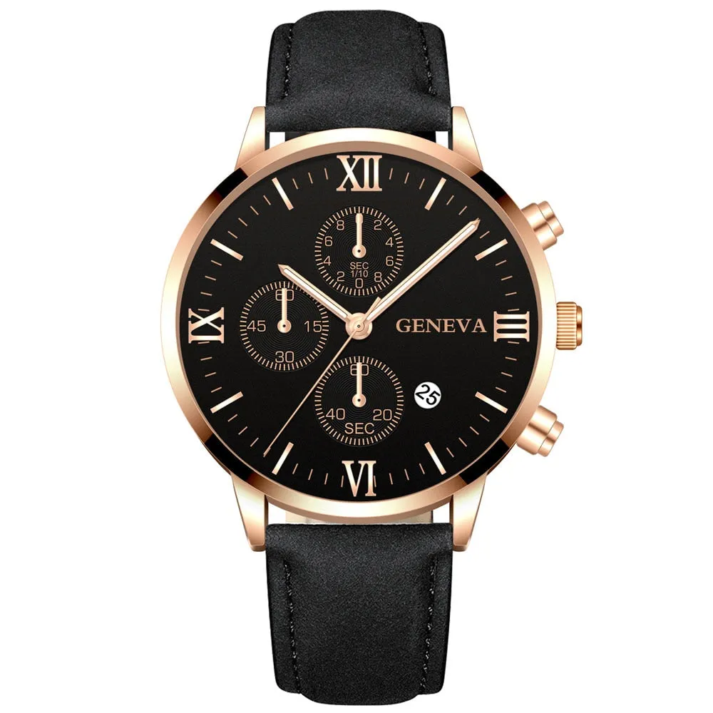 Men Date Alloy Case Synthetic Leather Analog Quartz Sport Watch