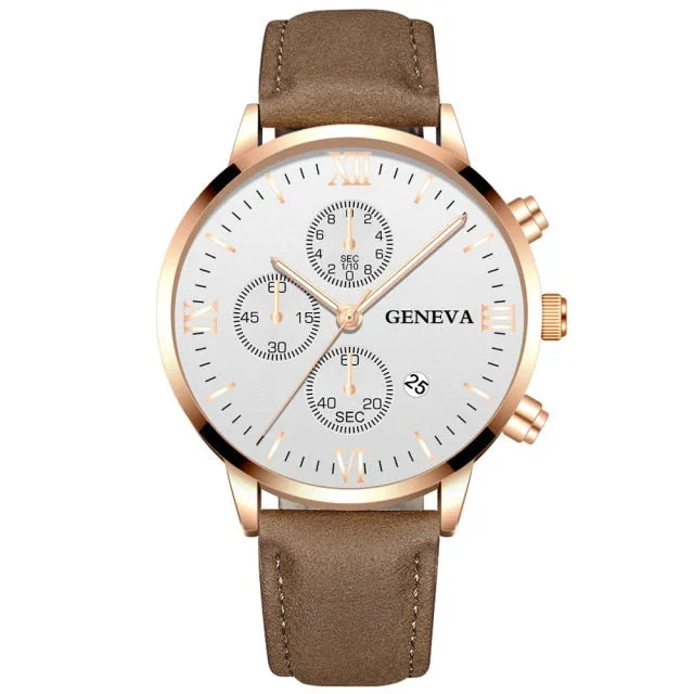 Men Date Alloy Case Synthetic Leather Analog Quartz Sport Watch