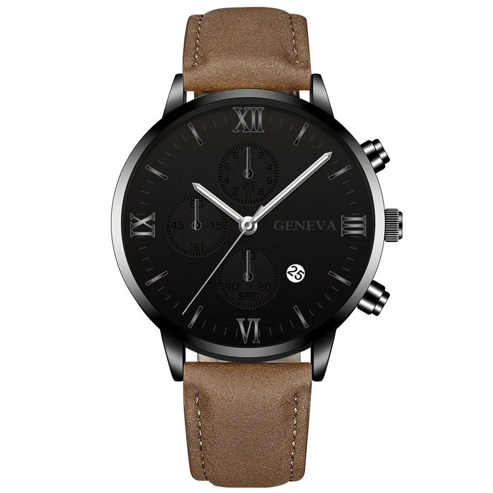 Men Date Alloy Case Synthetic Leather Analog Quartz Sport Watch