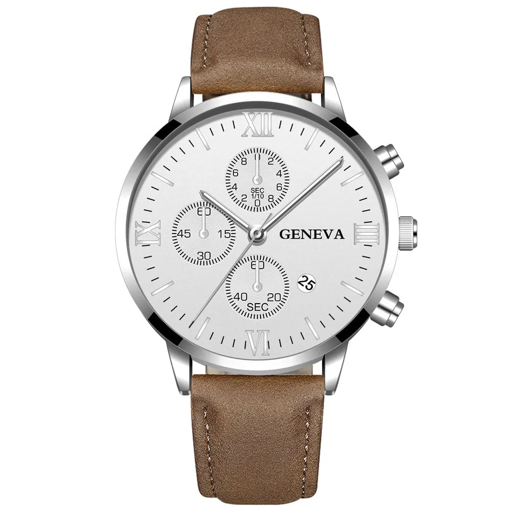 Men Date Alloy Case Synthetic Leather Analog Quartz Sport Watch