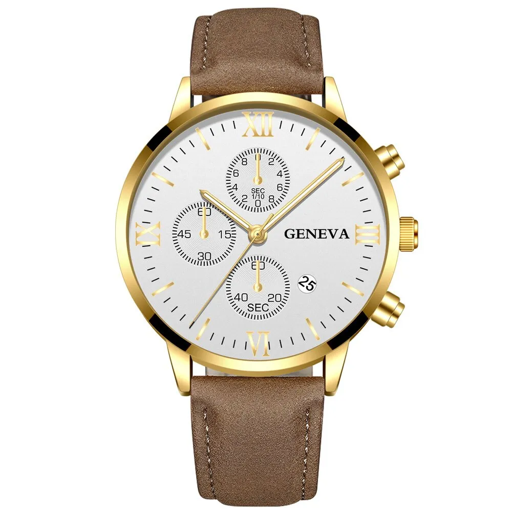 Men Date Alloy Case Synthetic Leather Analog Quartz Sport Watch
