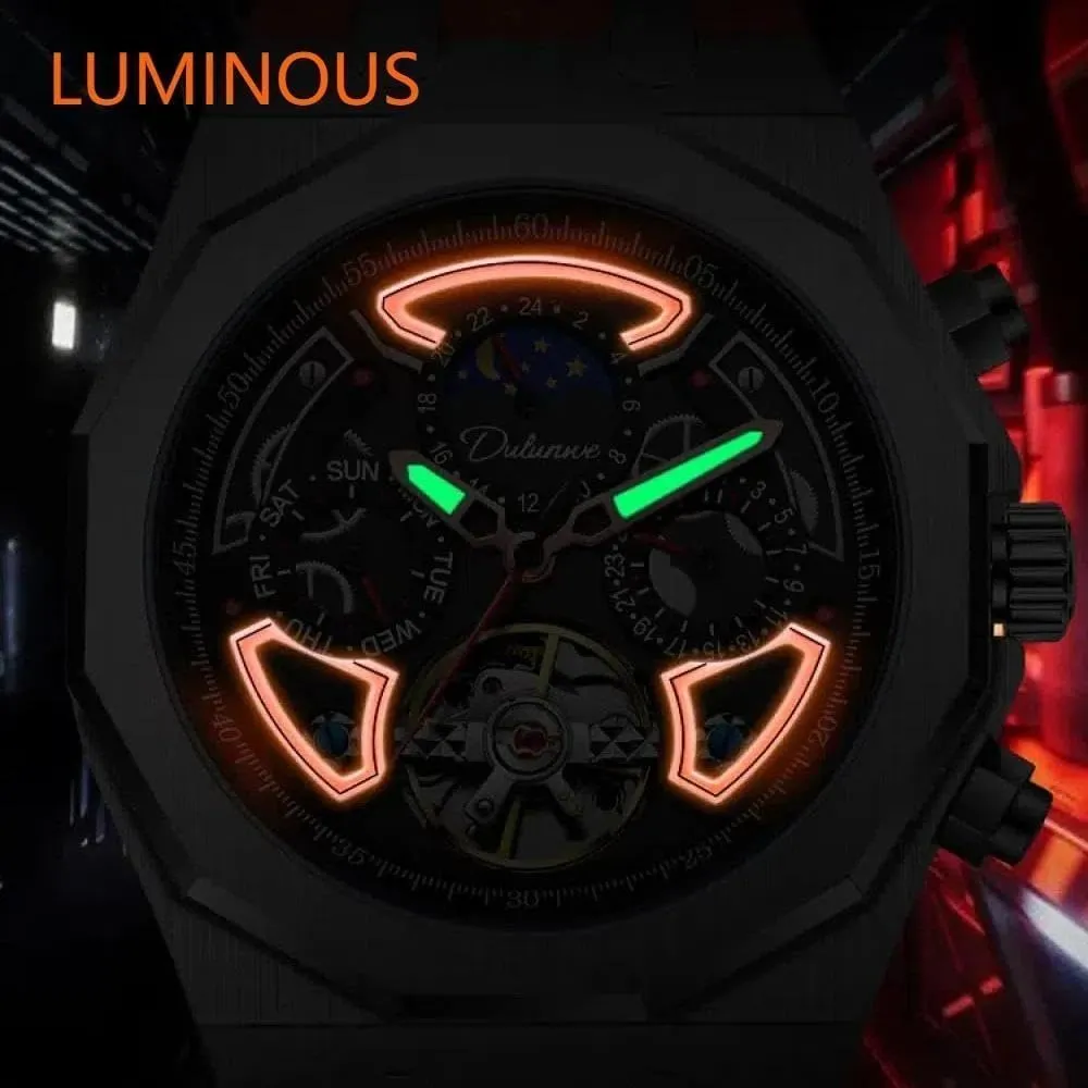 Men Sport Tourbillon Automatic Mechanical Watches Multifunction Dial Moon Phase Week Date Display Watch Stainless Steel Case Rubber Strap Luminous Watches