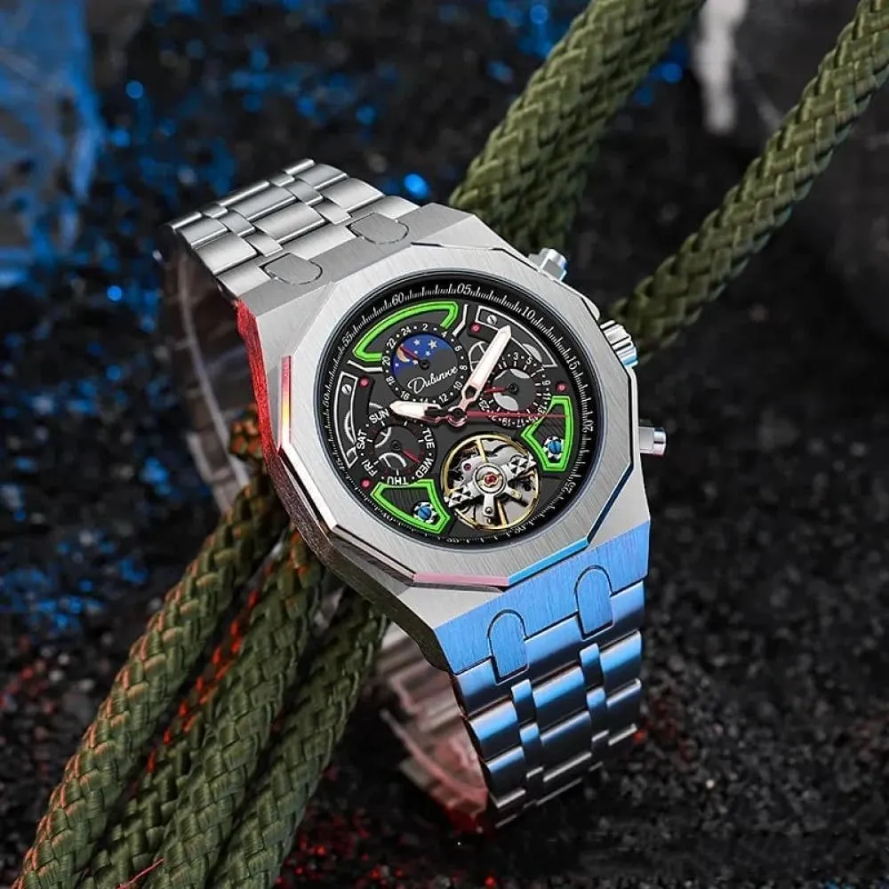 Men Sport Tourbillon Automatic Mechanical Watches Multifunction Dial Moon Phase Week Date Display Watch Stainless Steel Case Rubber Strap Luminous Watches