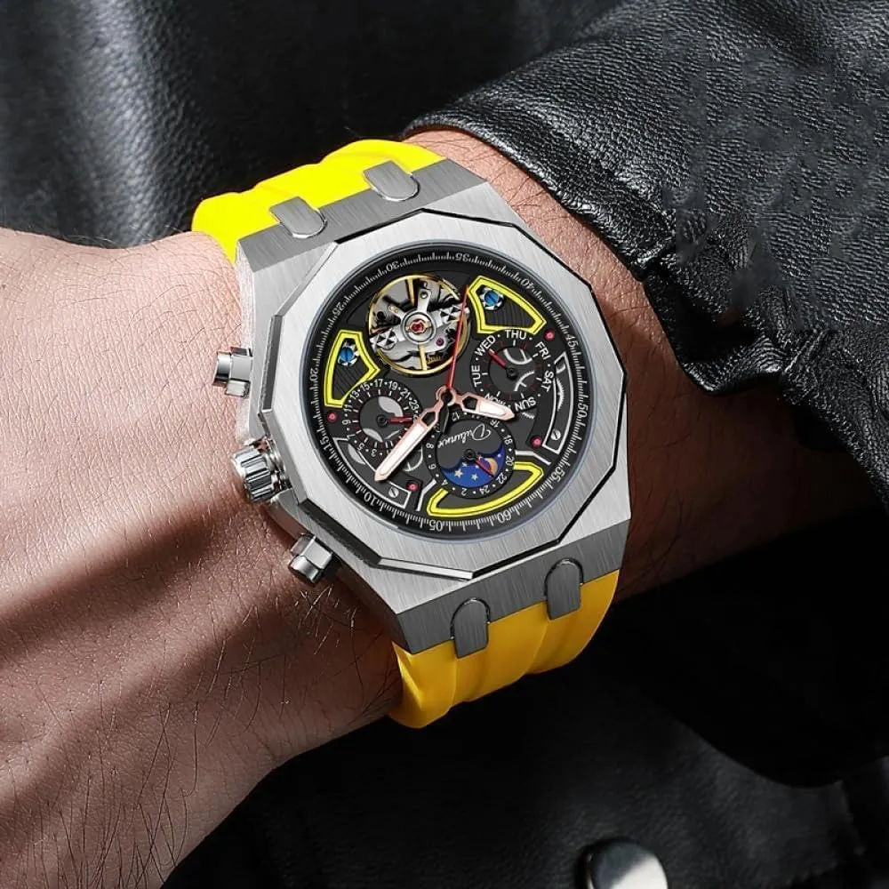 Men Sport Tourbillon Automatic Mechanical Watches Multifunction Dial Moon Phase Week Date Display Watch Stainless Steel Case Rubber Strap Luminous Watches