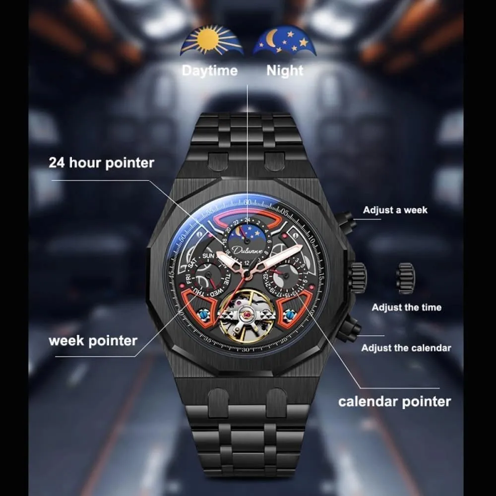 Men Sport Tourbillon Automatic Mechanical Watches Multifunction Dial Moon Phase Week Date Display Watch Stainless Steel Case Rubber Strap Luminous Watches