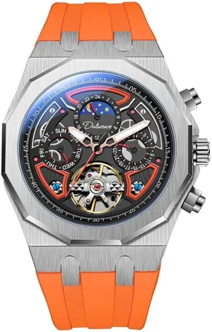 Men Sport Tourbillon Automatic Mechanical Watches Multifunction Dial Moon Phase Week Date Display Watch Stainless Steel Case Rubber Strap Luminous Watches