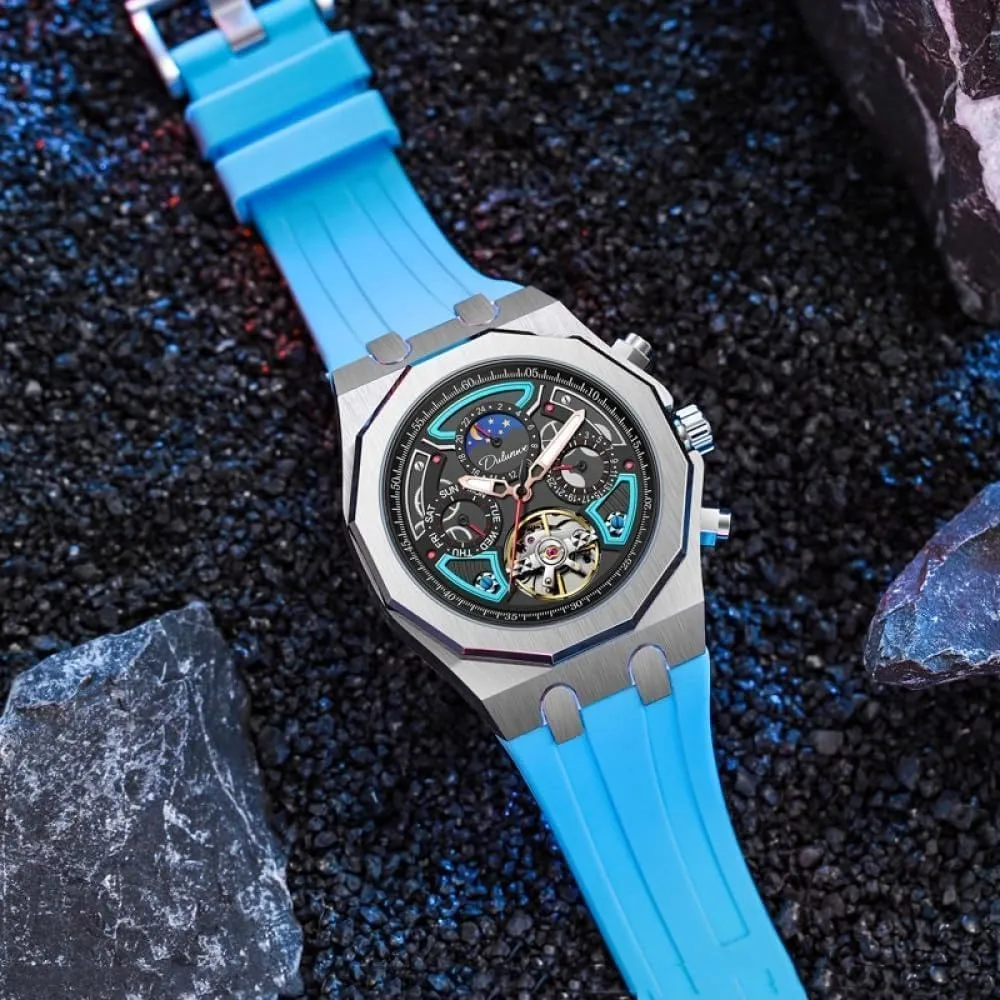 Men Sport Tourbillon Automatic Mechanical Watches Multifunction Dial Moon Phase Week Date Display Watch Stainless Steel Case Rubber Strap Luminous Watches