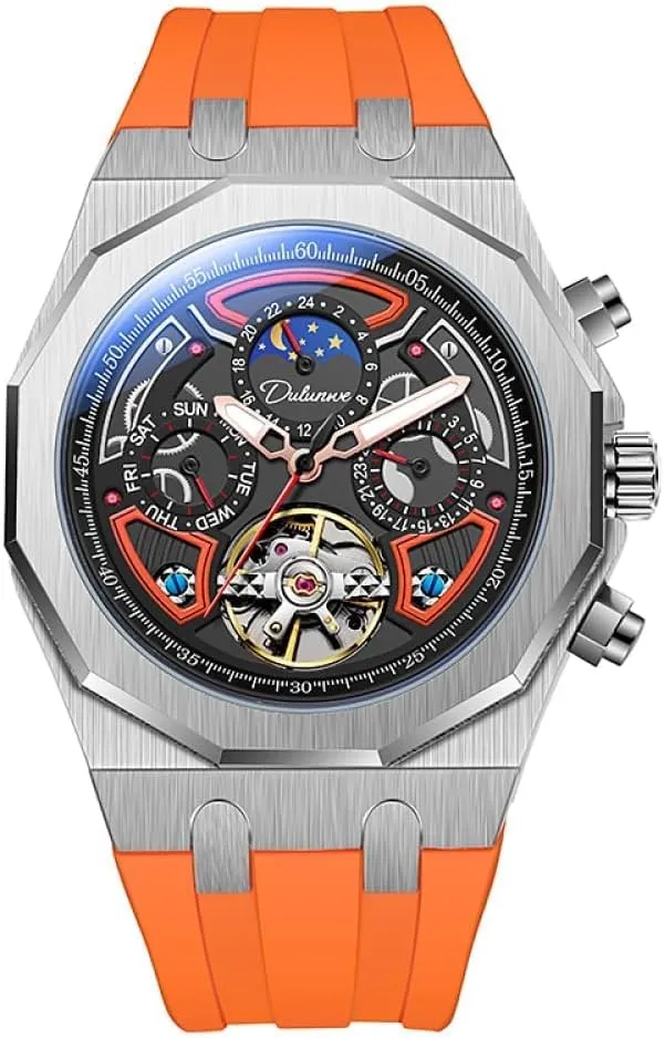 Men Sport Tourbillon Automatic Mechanical Watches Multifunction Dial Moon Phase Week Date Display Watch Stainless Steel Case Rubber Strap Luminous Watches